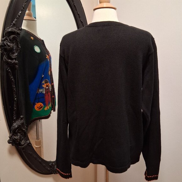 Arriviste Fall Halloween Embellished Scarecrow Leaves Cat Sweater Cardigan sz L - Picture 8 of 8